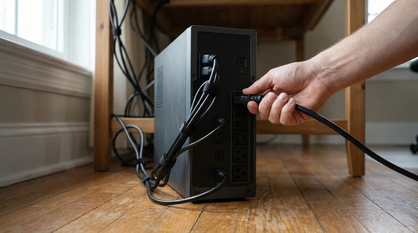 A hand plugging a power cable into the rear outlet bank of a tower battery backup unit under a desk.