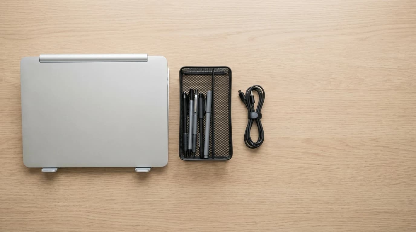 A plain aluminium laptop riser, a mesh desk tray and a coiled cable arranged on a light wooden home-office desk.