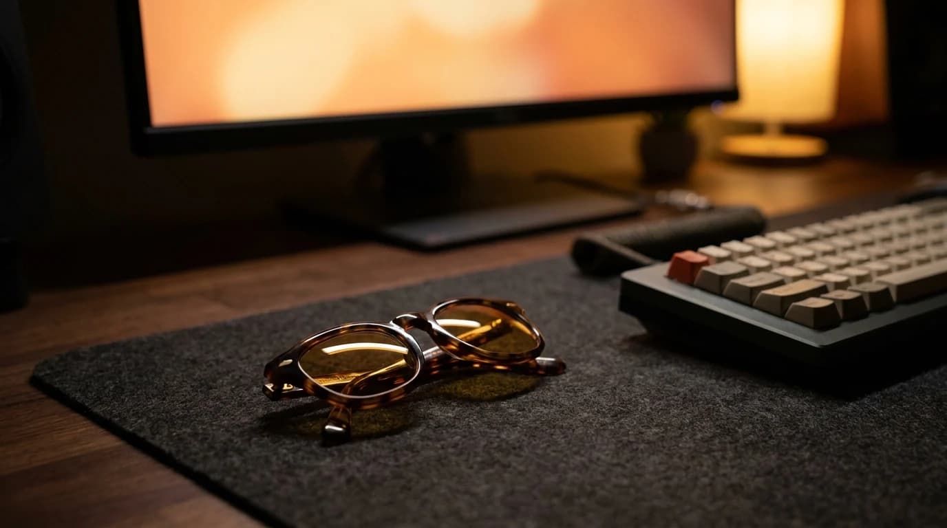 A pair of amber-tinted computer glasses resting on a desk mat beside a keyboard, with a monitor glowing softly out of focus behind them.