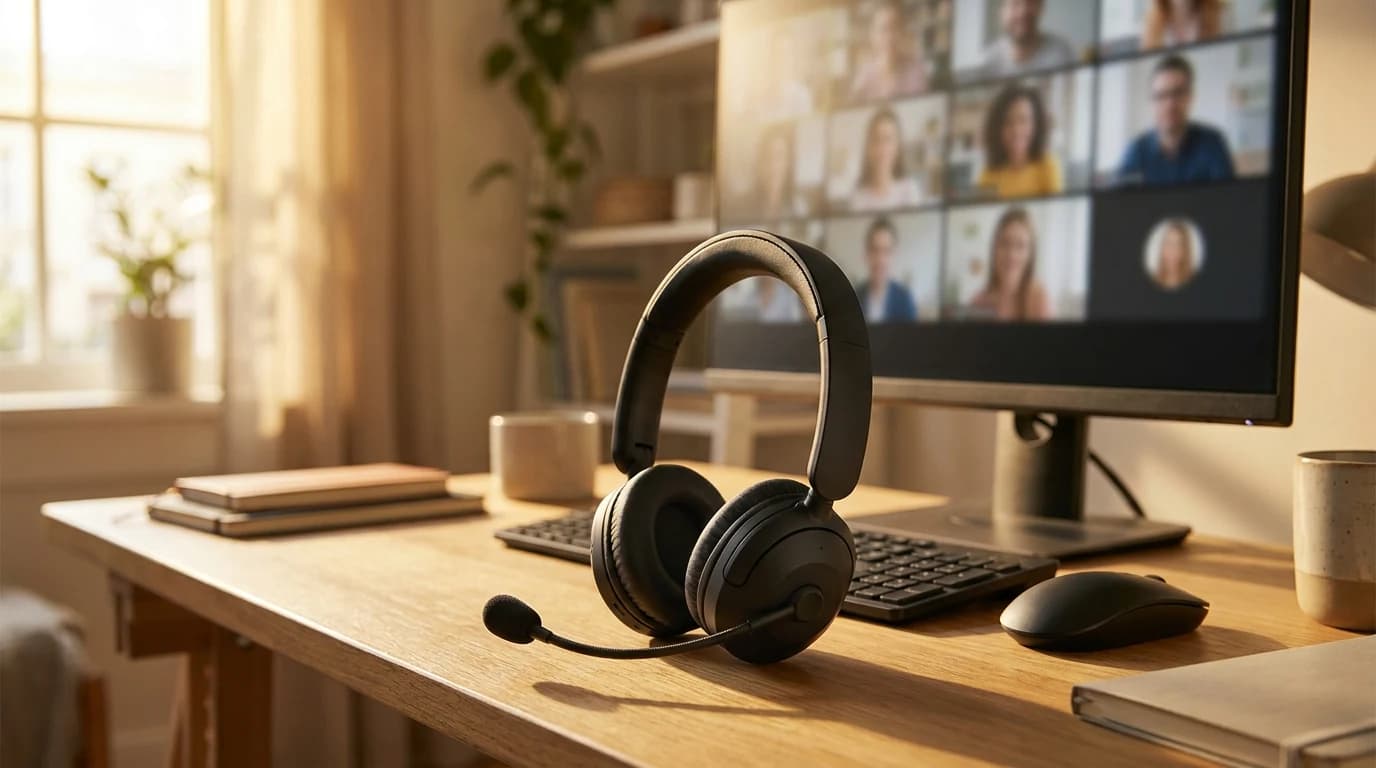 A wireless headset with a boom microphone resting on a home-office desk beside a monitor showing a video call grid.