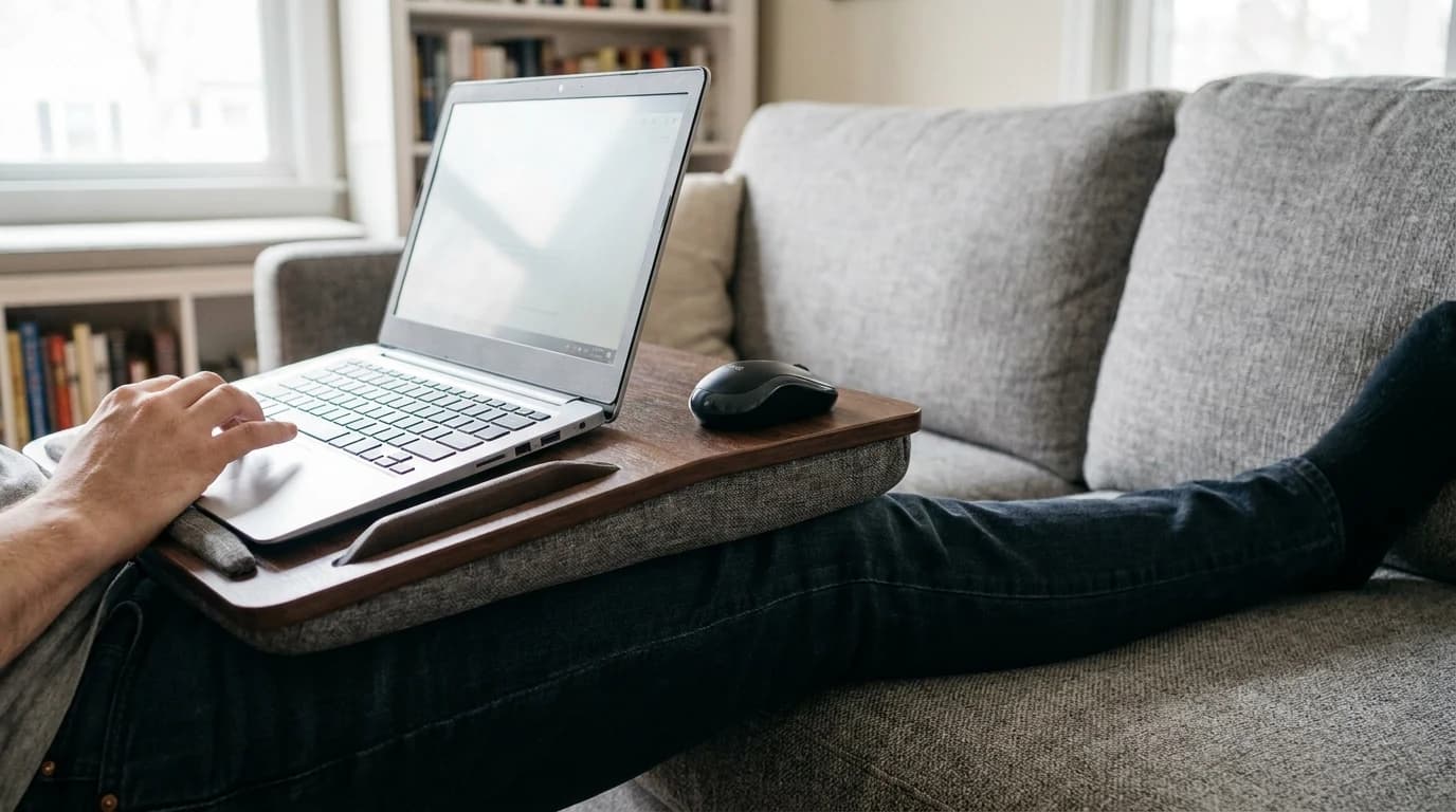 A laptop raised on a lap desk over a person's legs on a sofa, with an external mouse on the flat right-hand section.