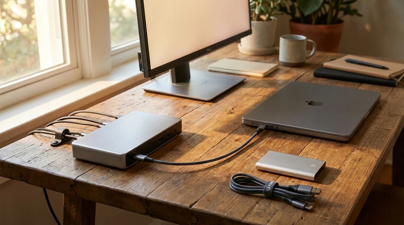 A laptop on a home-office desk joined by a single cable to a heavy aluminum docking station, with an external monitor, keyboard, mouse and portable SSD all running off the dock.