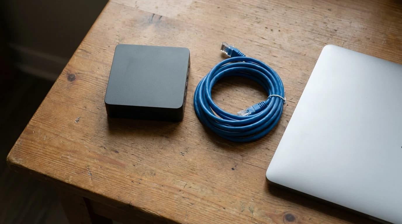 A small travel router on a hotel desk beside a laptop and an ethernet cable.