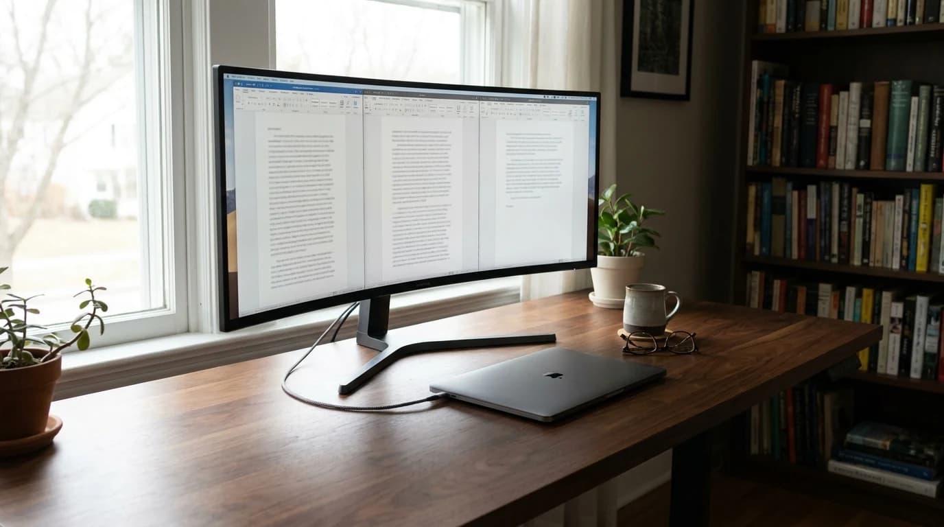 A curved 34-inch ultrawide monitor on a home-office desk showing three documents open side by side, with a laptop connected by one cable.