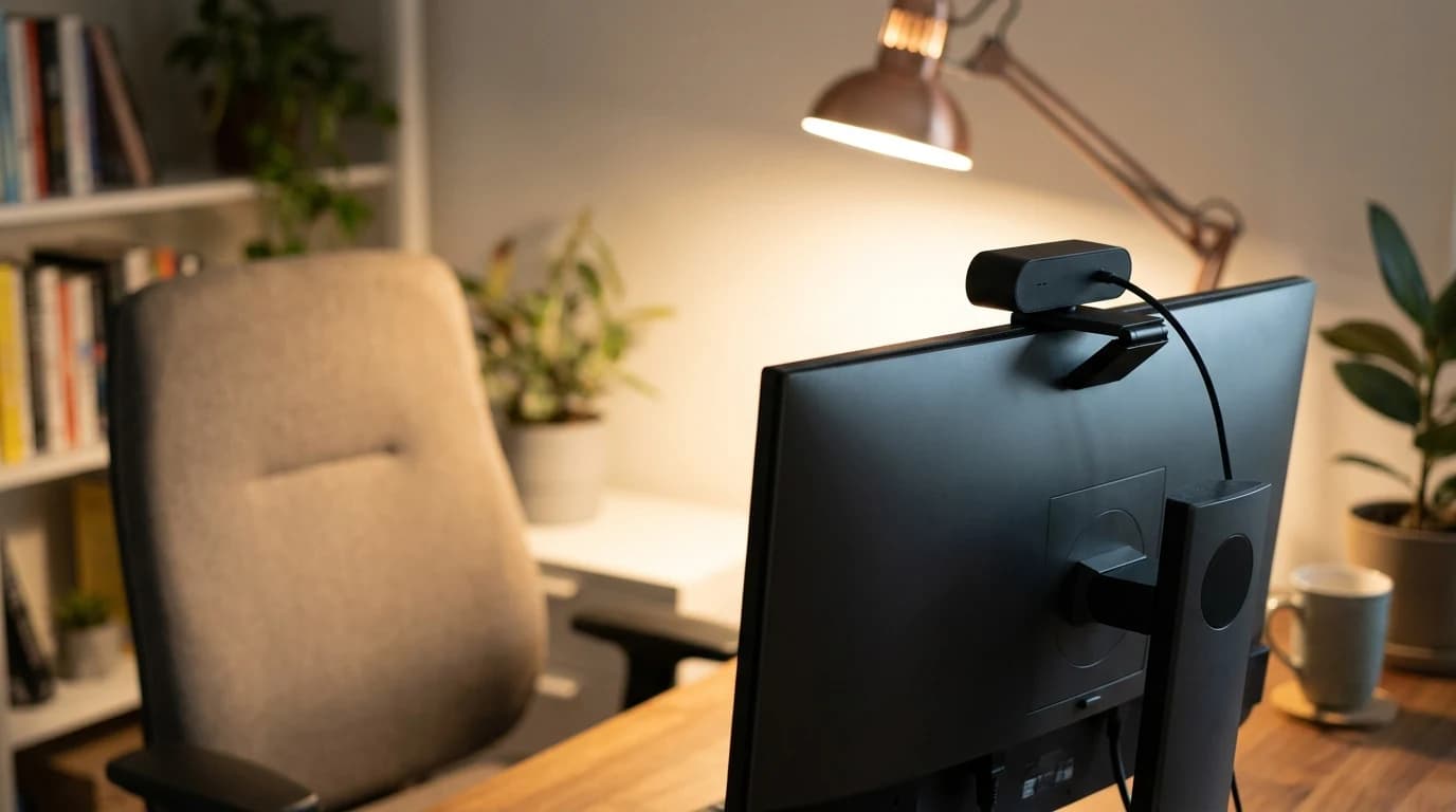 A compact webcam clipped to the top of a monitor at eye level, with soft light falling on the chair in front of it from a desk lamp behind the screen.