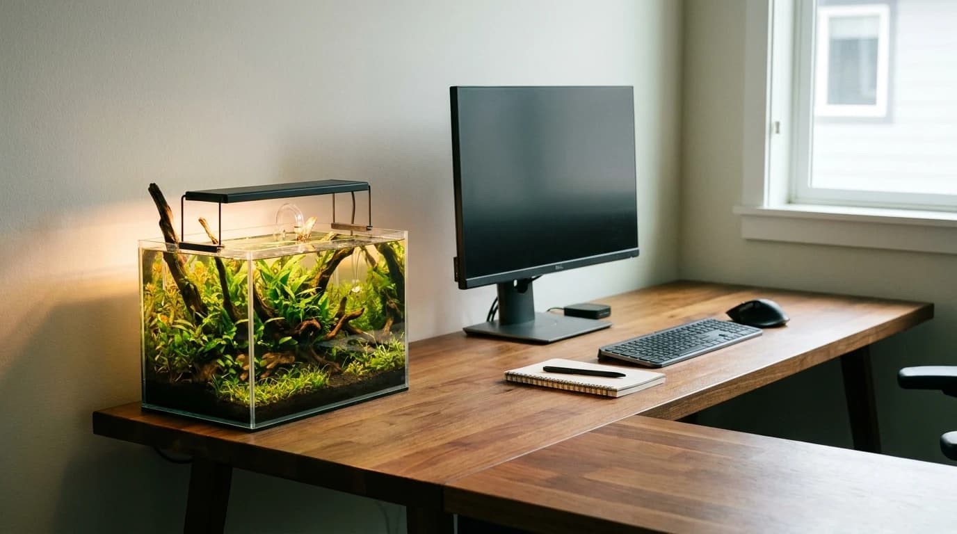 A small planted nano aquarium positioned low and to the side of a desk rather than level with the monitor, with its light on a timer.