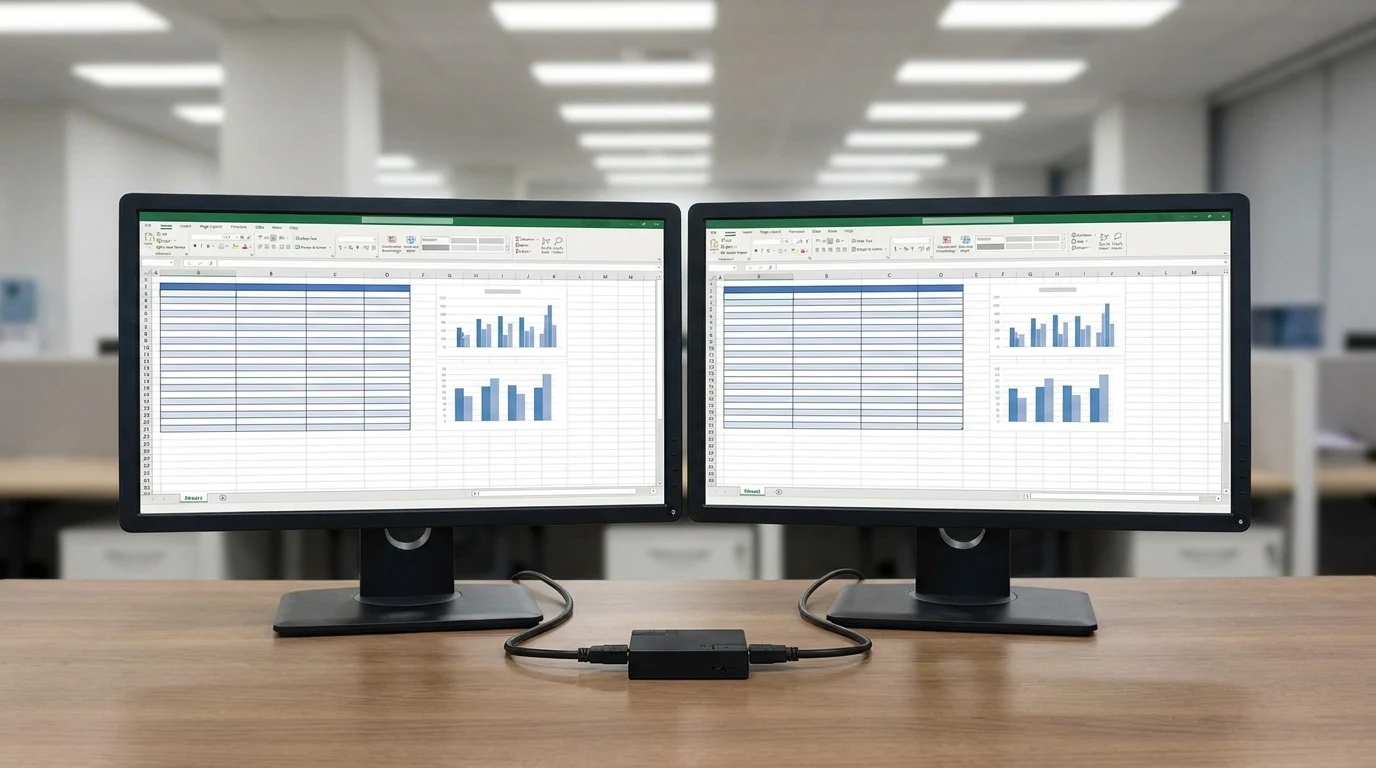 Two desk monitors side by side showing the exact same window, with a small HDMI splitter box and its two cables on the desk between them.