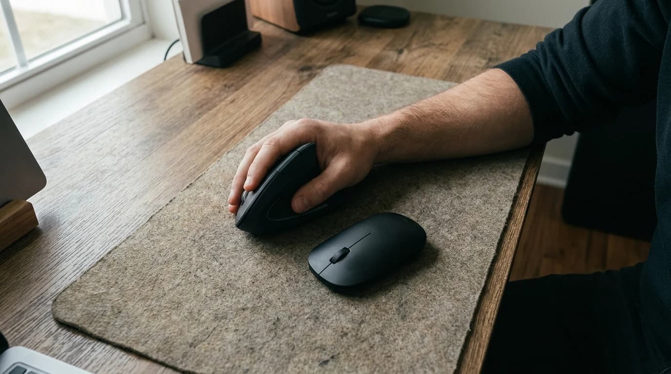 A hand on a near-upright vertical mouse beside a flat mouse on the same desk, showing how far the forearm rotates between the two grips.