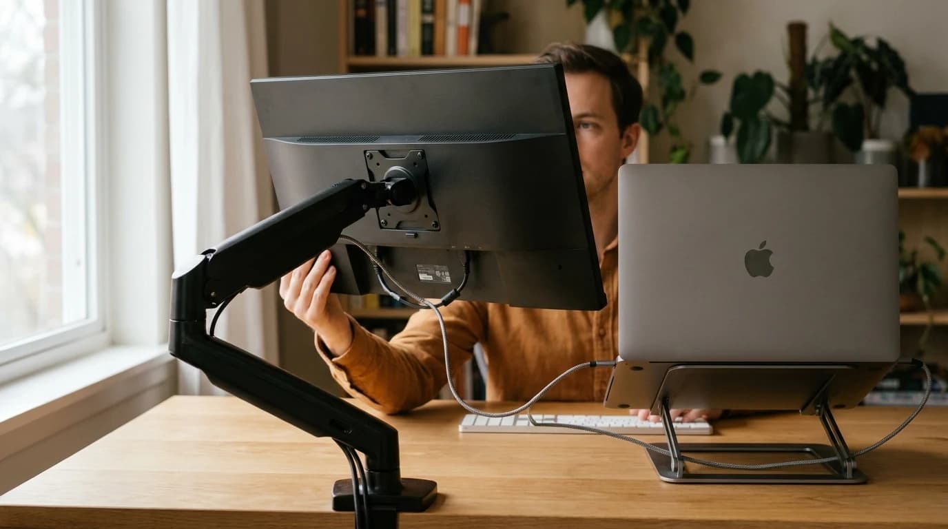 A person seated at a home desk adjusting a 27-inch monitor on an articulating arm so the top edge of the screen is level with their eyes.