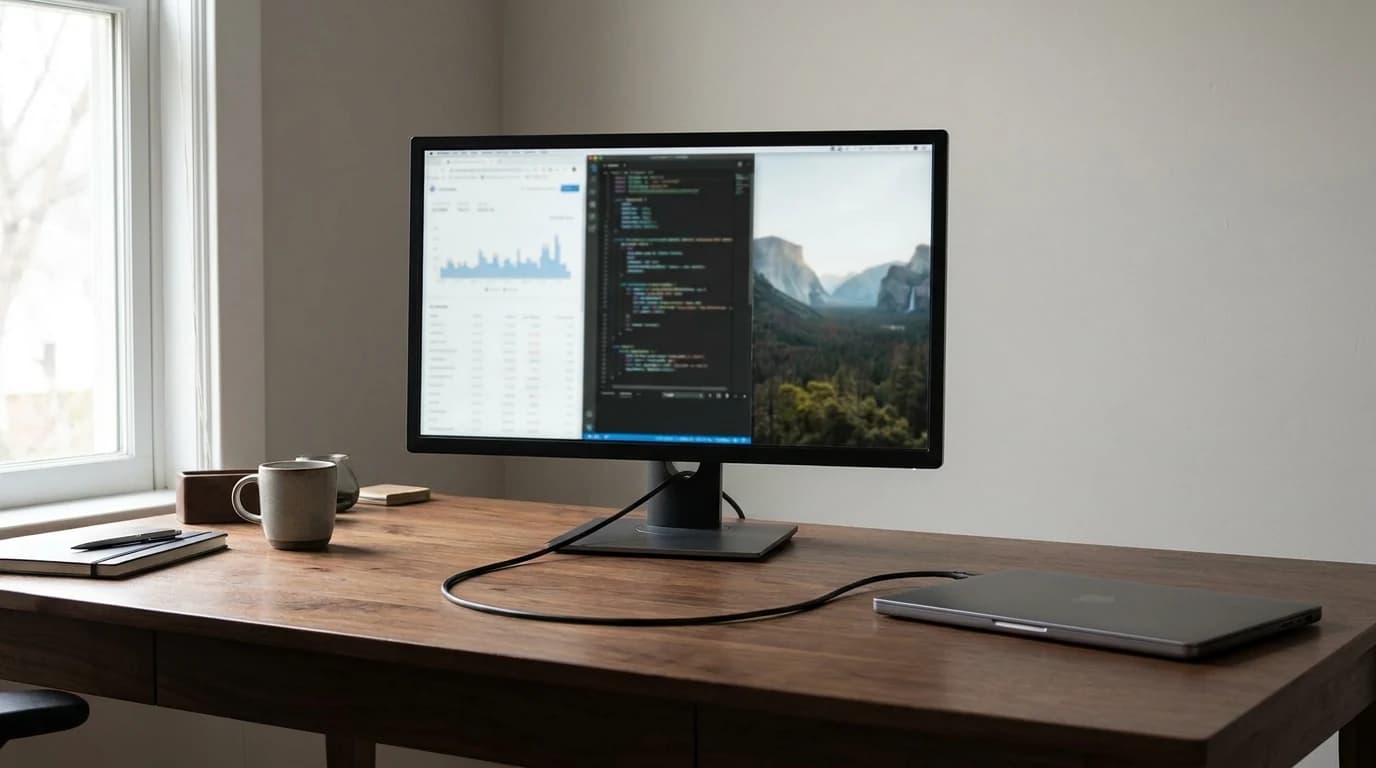 A 27-inch IPS monitor on a wood desk with three application windows open side by side, a single USB-C cable running to a closed laptop.