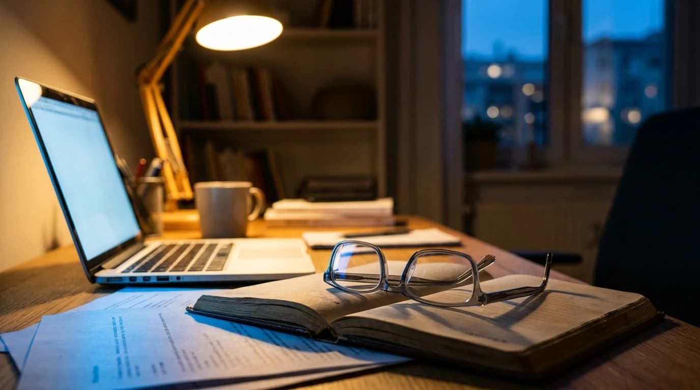 A pair of clear-lens blue light glasses folded on a notebook beside a laptop in a dim evening home office, warm lamp light in the background.