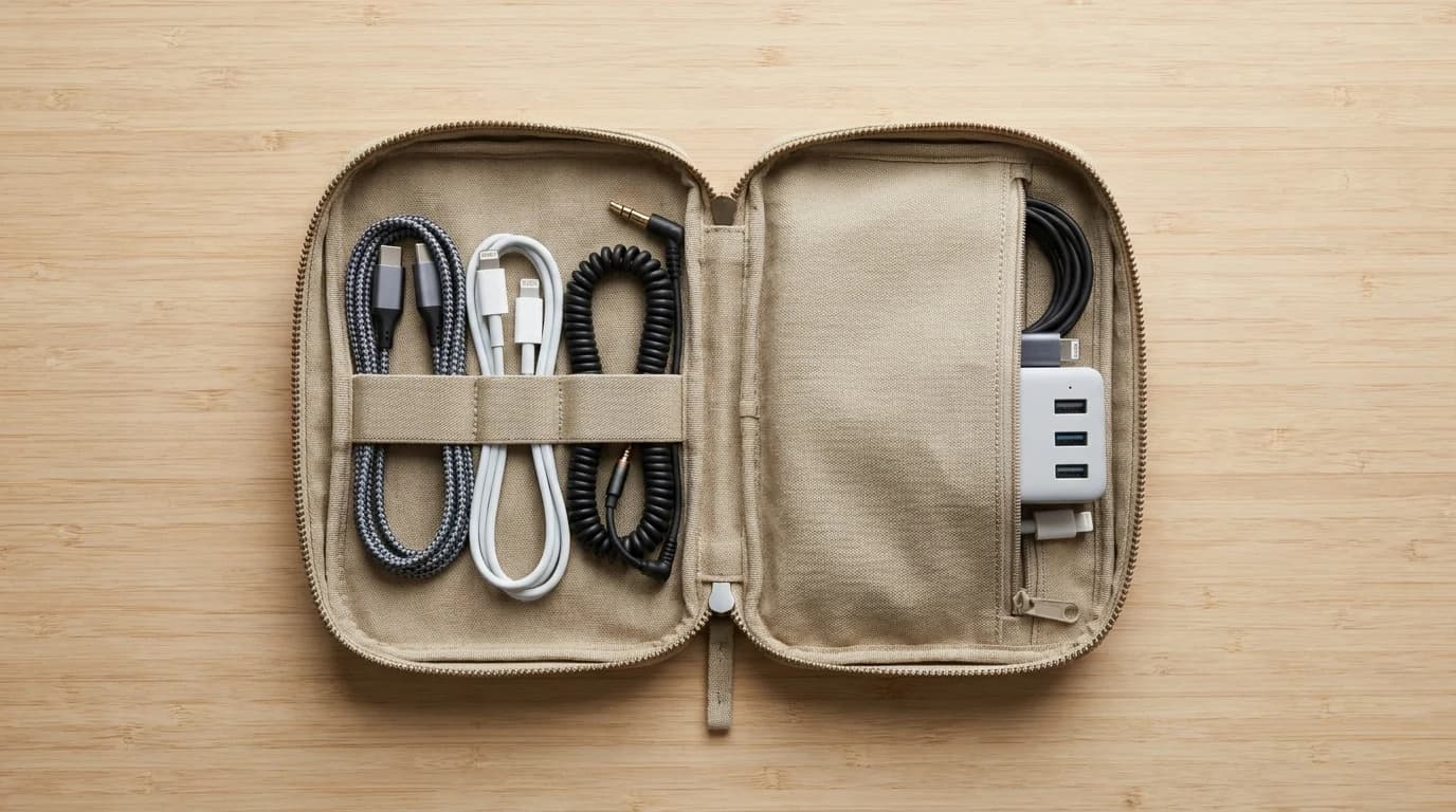 An open clamshell tech pouch showing cables held in elastic loops beside a laptop.