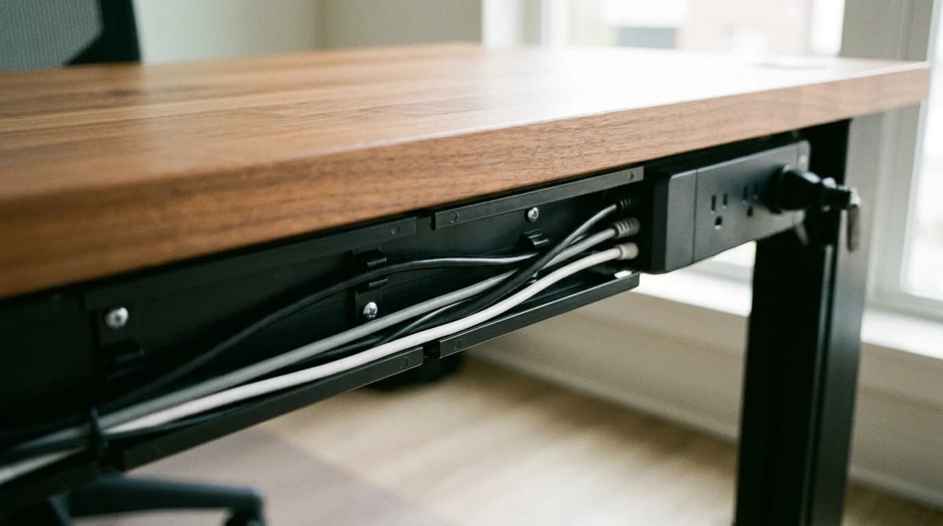 An under-desk view of black plastic raceway channels routing six cables from a power strip toward the back of a wooden desk, the surface above showing no visible wires.