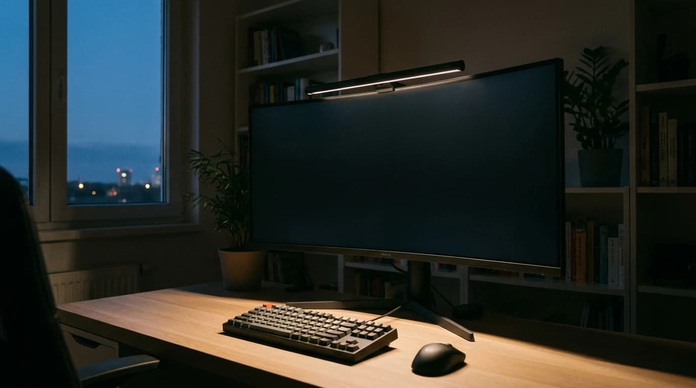 A monitor light bar clamped to the top bezel of a display, casting an even pool of warm light across a desk and keyboard with no glare visible on the screen itself.