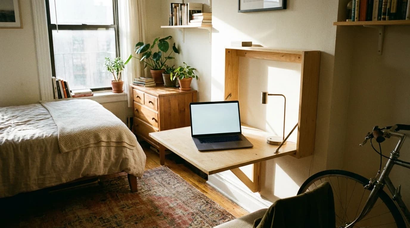 A fold-down wall-mounted desk in a studio apartment corner, holding a laptop and a small lamp, with a bed visible a few feet away in the same room.