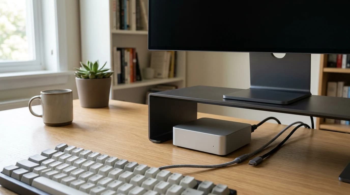 A palm-sized aluminium mini PC sitting beside a monitor stand on a tidy desk, with a single USB-C cable and a power lead running behind the desk edge.