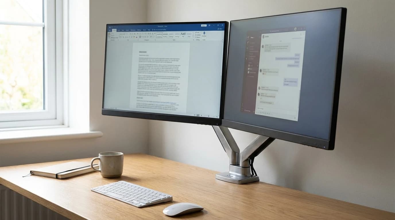 Two 27-inch monitors angled slightly inward on a desk, mounted on a shared dual arm so no stock stands sit on the surface, one screen showing a document and the other a chat window.