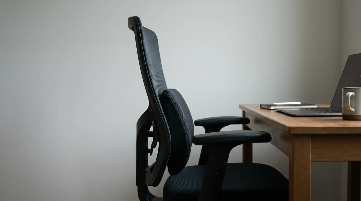 A mesh-backed ergonomic office chair pulled up to a desk, seen from the side so the lumbar pad and the adjustable armrest are both visible against the sitter's back and elbow height.