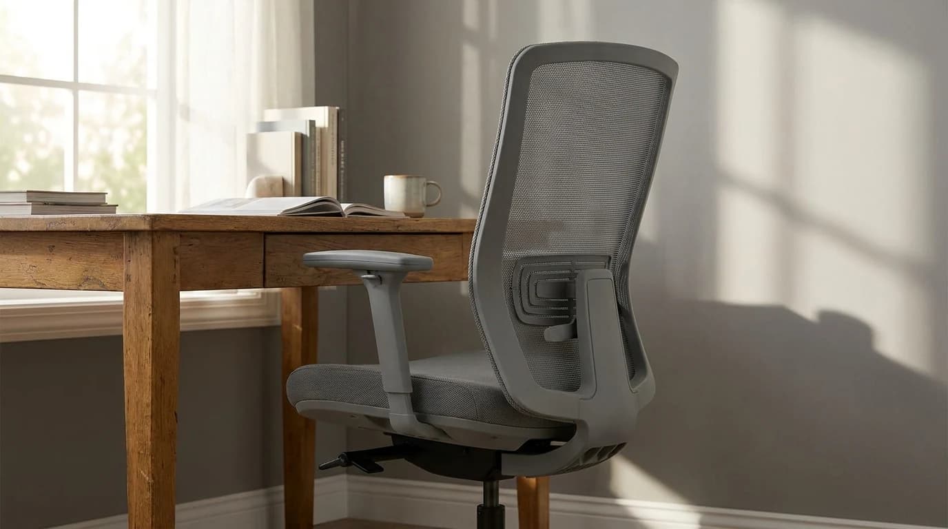 A mesh-backed task chair pulled up to a home-office desk, photographed from the side so the lumbar support and the seat-depth slider are both visible.