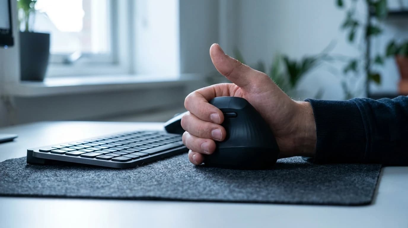 A hand resting on a vertical mouse in a thumbs-up handshake grip beside a low-profile keyboard on a dark desk mat.