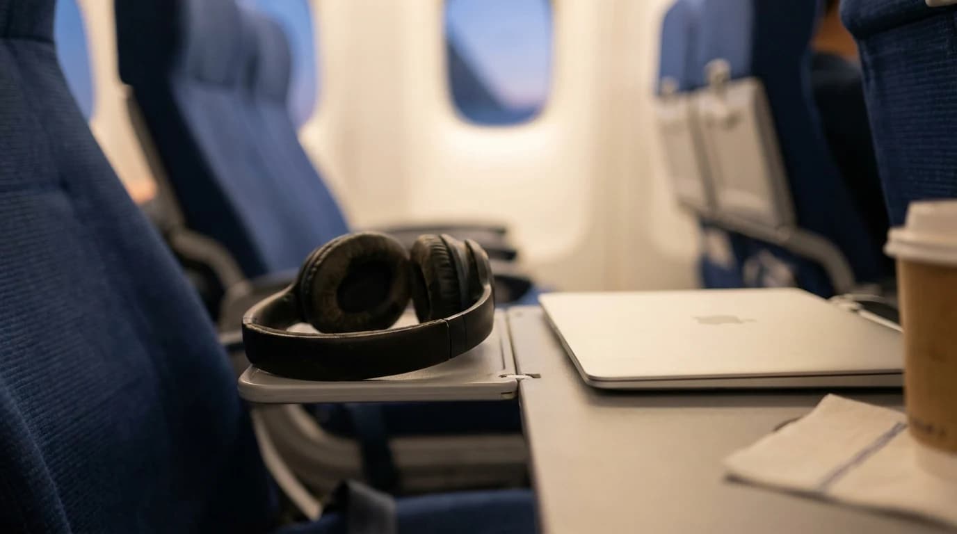 Over-ear noise-cancelling headphones resting on a tray table beside a laptop on a plane.