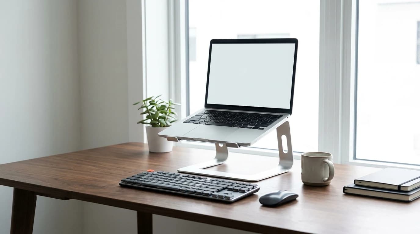 A silver aluminum laptop stand raising an open laptop to eye level on a desk, with a separate keyboard and mouse in front of it.