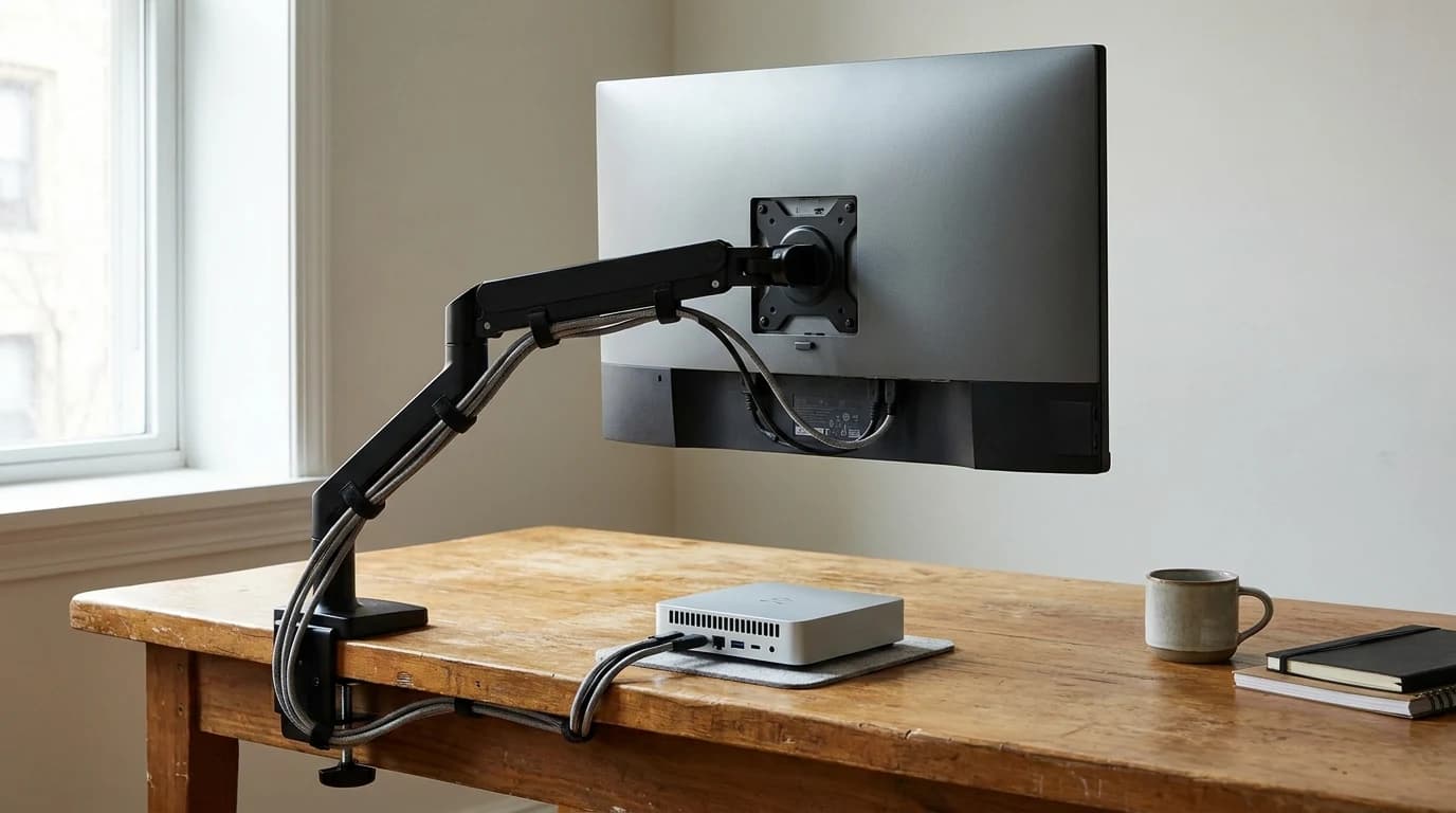A single monitor floating on an articulating arm above a clear desk, with a Mac Mini sitting in the space the monitor stand used to occupy.