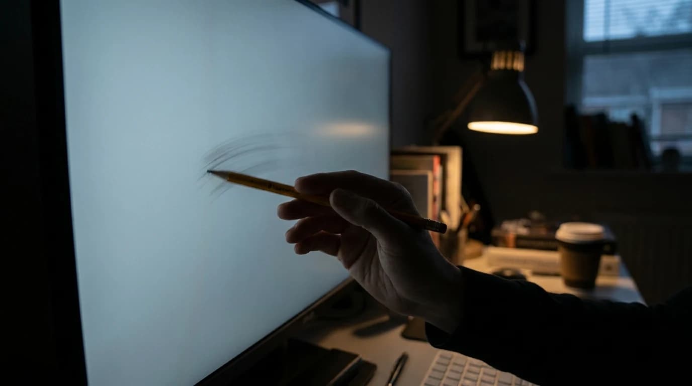 A 27-inch matte monitor on a tidy desk beside a window, a pencil held in front of the screen mid-sweep.