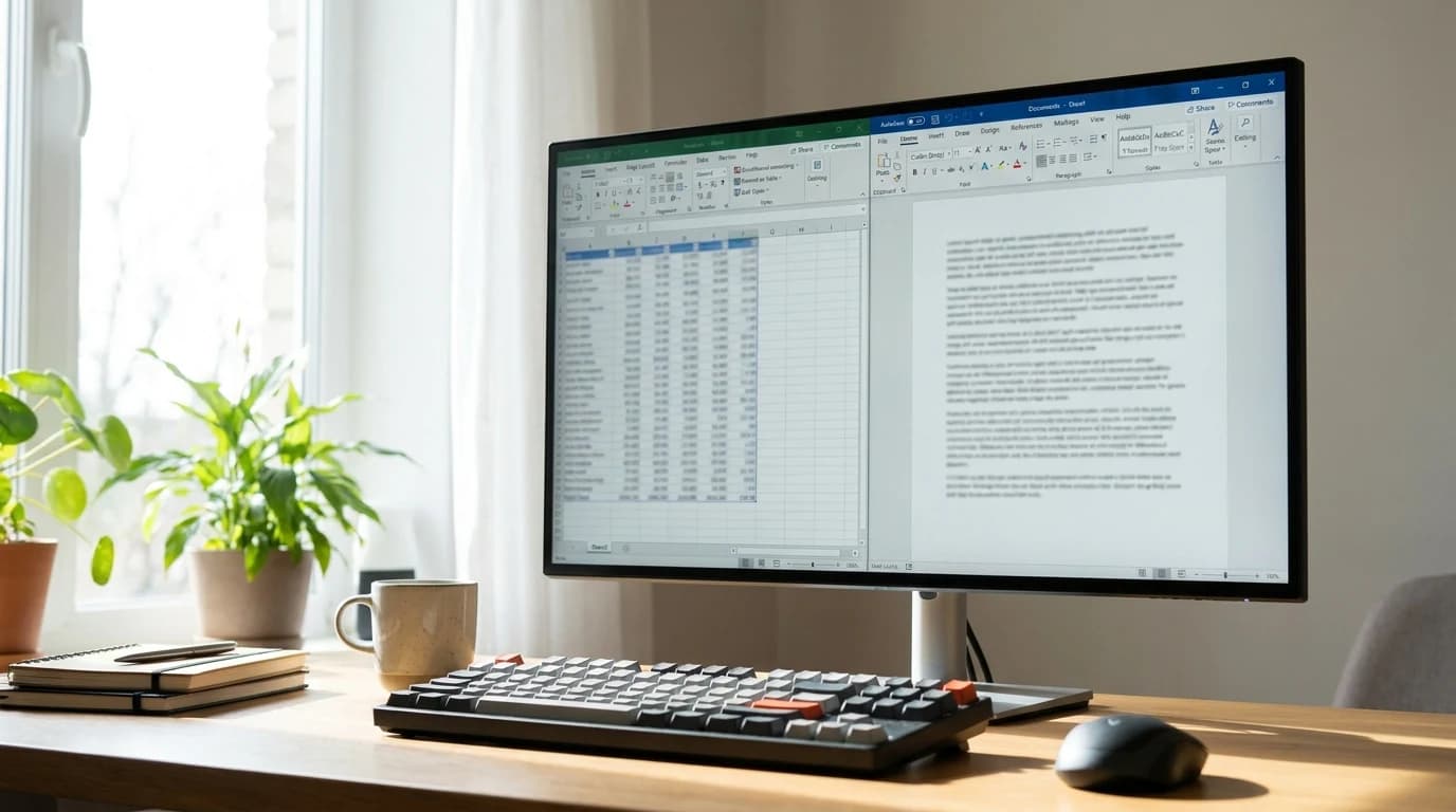 A 27-inch IPS monitor on a home-office desk showing a spreadsheet and a text document side by side in daylight.