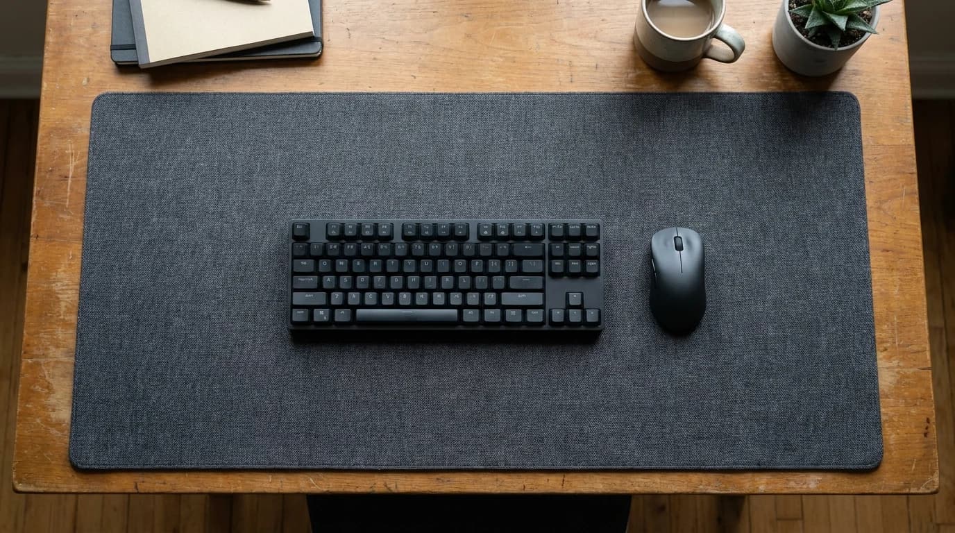 An extended desk mat spanning the width of a home-office desk with a low-profile keyboard and a wireless mouse both sitting on it.