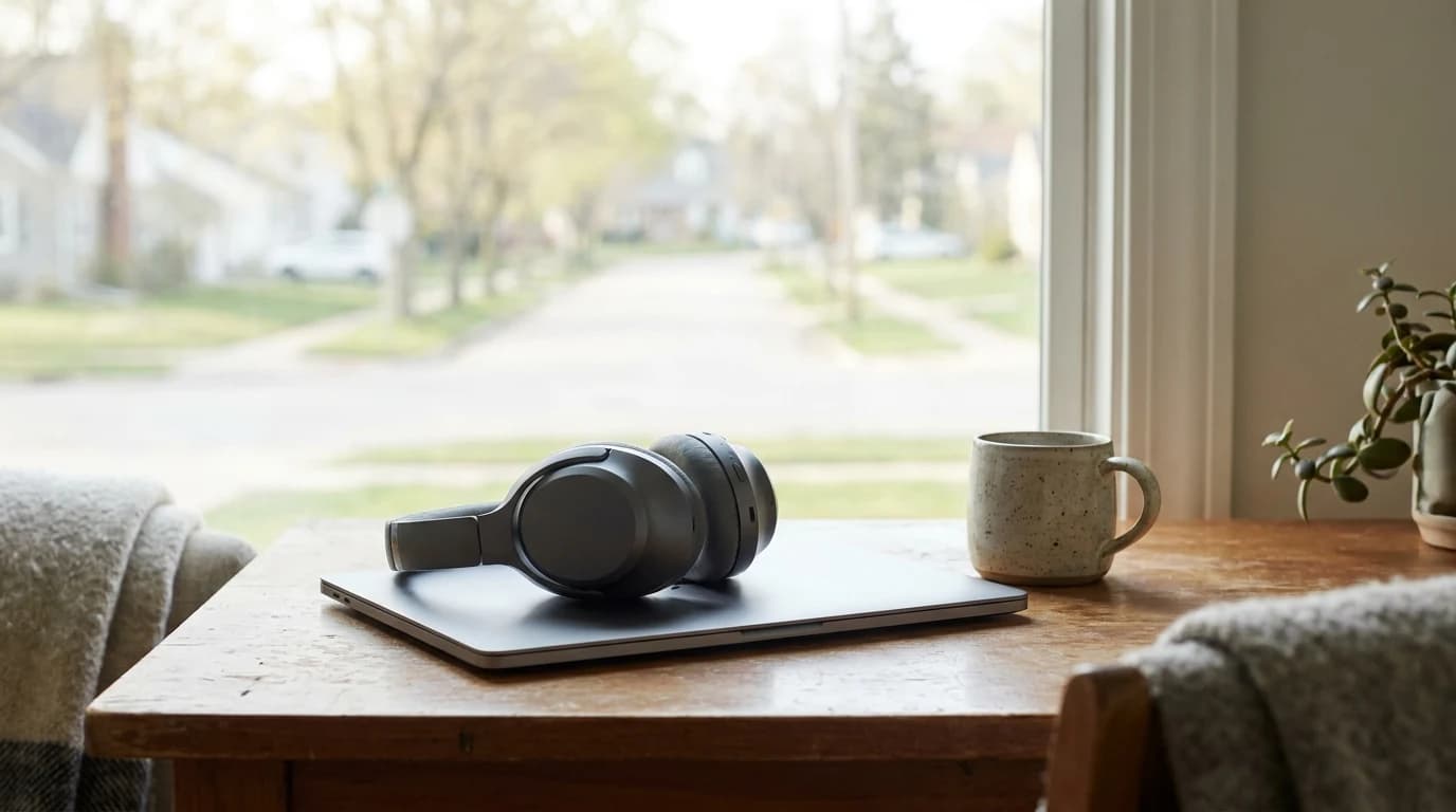 Over-ear headphones resting on a closed laptop beside a mug on a home-office desk, with a window and a quiet street behind.