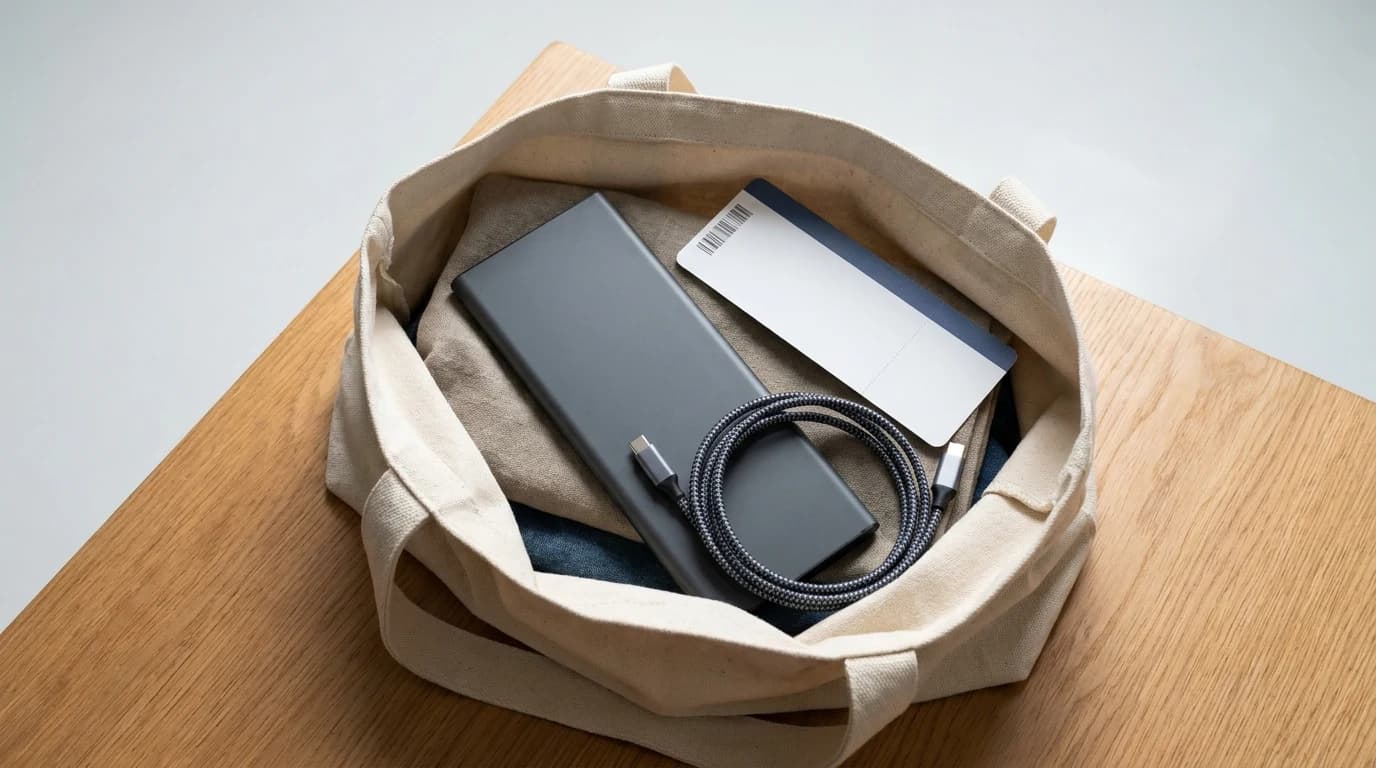 A laptop power bank and a USB-C cable in an open carry-on bag at an airport gate.