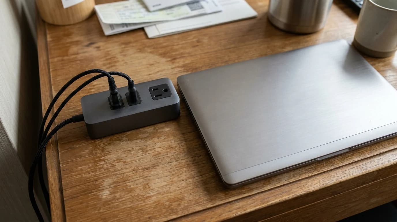A compact travel power strip on a hotel desk with a laptop and phone charging from it.