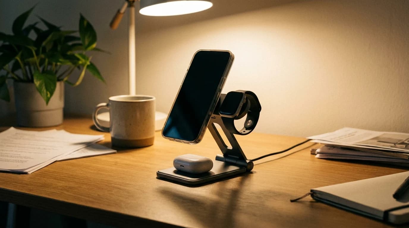 A folding three-device magnetic charging stand on the corner of a home-office desk, phone snapped to the upright pad, watch on its puck, earbud case on the base.