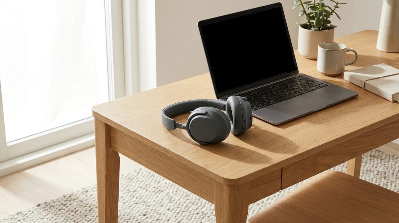 A pair of over-ear headphones resting beside an open laptop on a home-office desk in daylight.