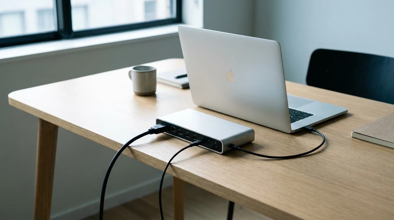 A premium aluminum Thunderbolt dock sitting behind a laptop on a tidy desk, most of its rear ports empty, one monitor cable and one keyboard cable plugged in.