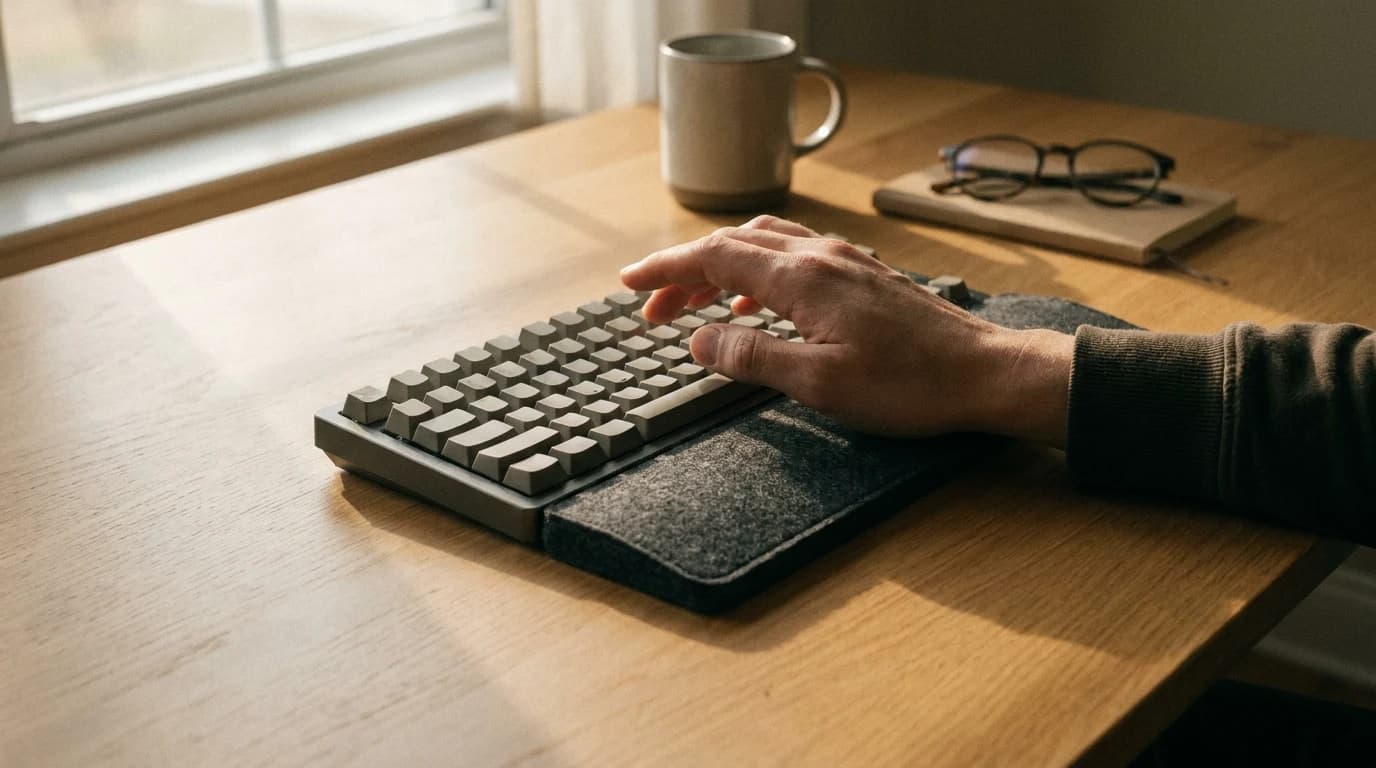 A person pauses between typing bursts with the heel of the palm resting on a firm wrist rest and fingers lifted clear of the keys.