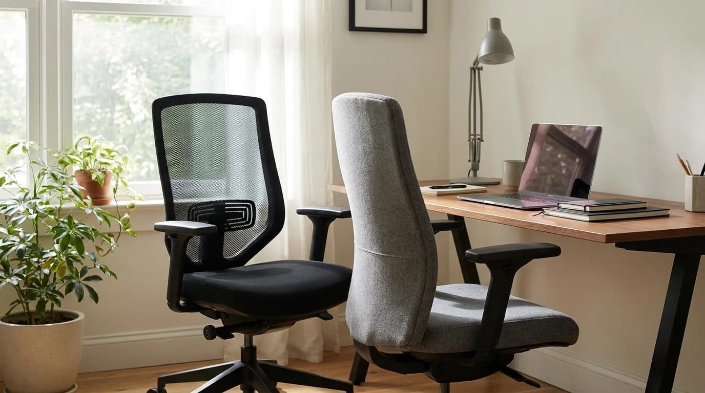 A mesh-backed ergonomic office chair and an upholstered ergonomic office chair side by side at a home-office desk, both angled toward the camera in natural window light.