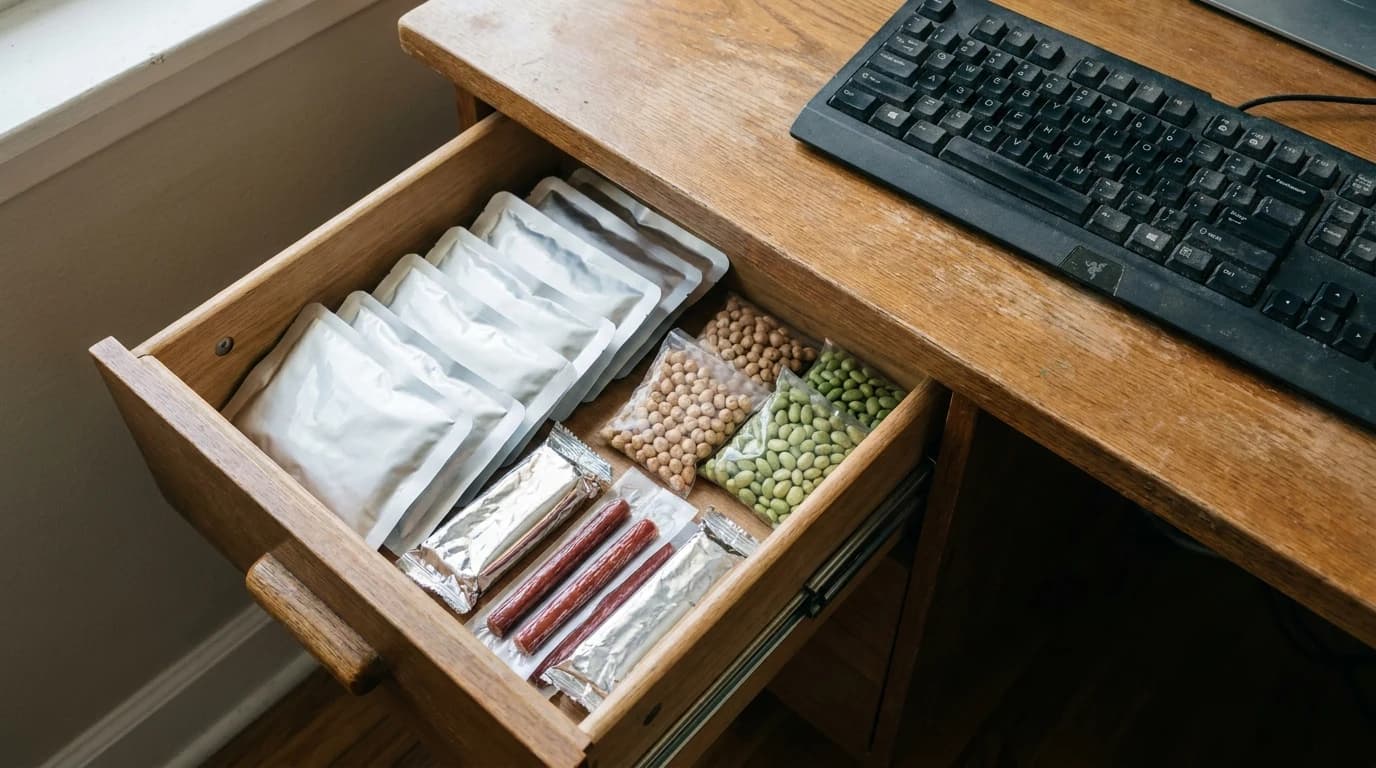 A desk drawer pulled open beside a keyboard, holding shelf-stable snacks in neat rows.