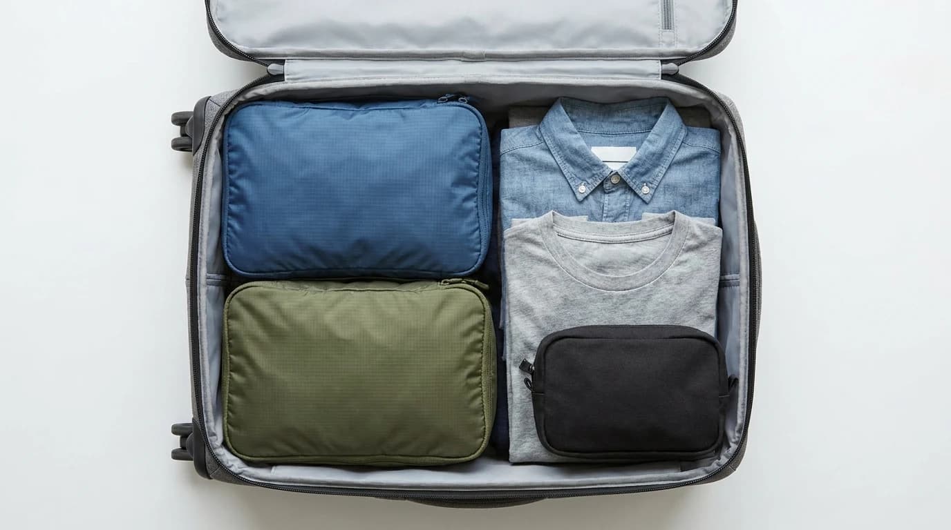 An open carry-on bag with packing cubes, a tech pouch and folded clothes arranged on a bed.