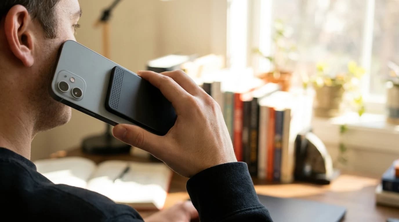 A person holds a phone to their ear with a slim card-shaped recorder attached flat to its back.