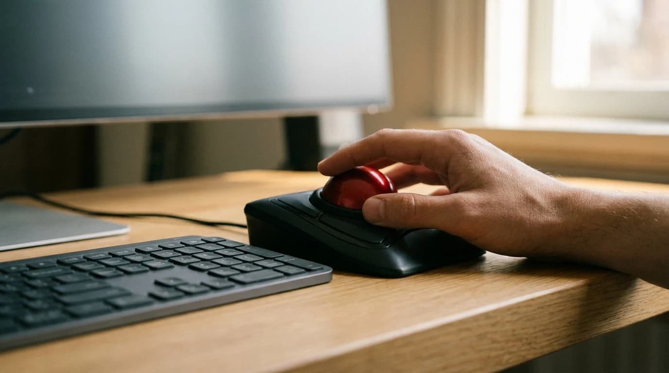 A right hand resting on a finger-operated trackball on a home office desk beside a keyboard, with a large monitor in soft focus behind it.