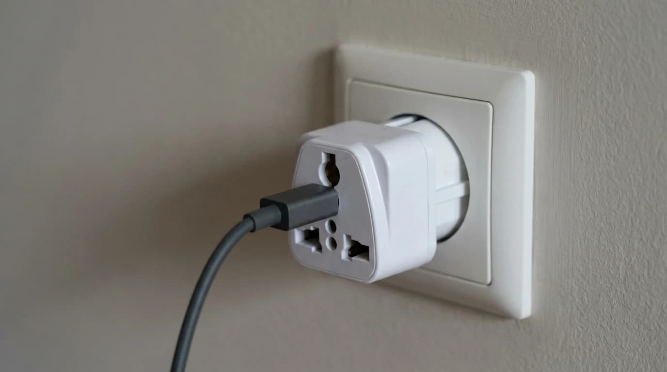 A universal travel adapter plugged into a hotel wall socket with a laptop charger connected.
