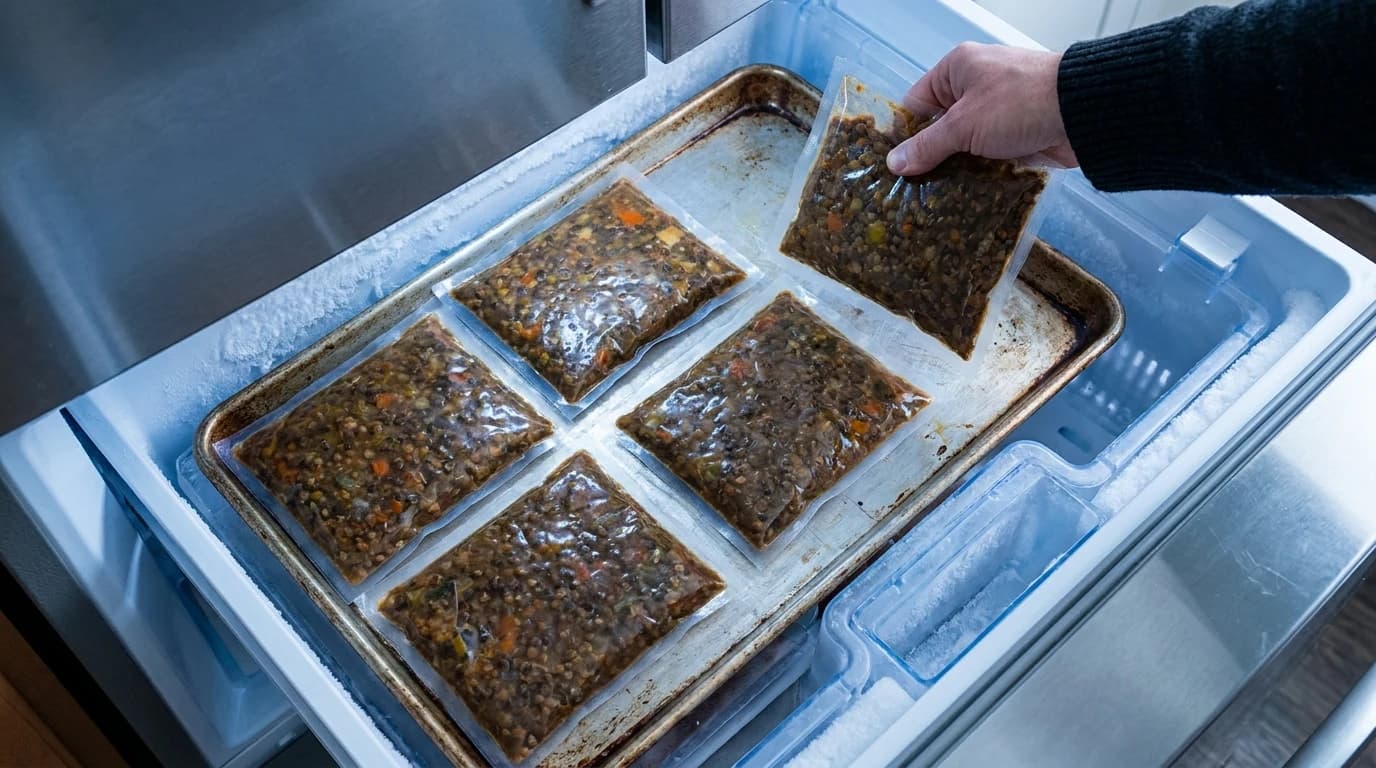 Flat vacuum-sealed lunch portions lying in a single layer on a sheet pan inside an open freezer drawer.