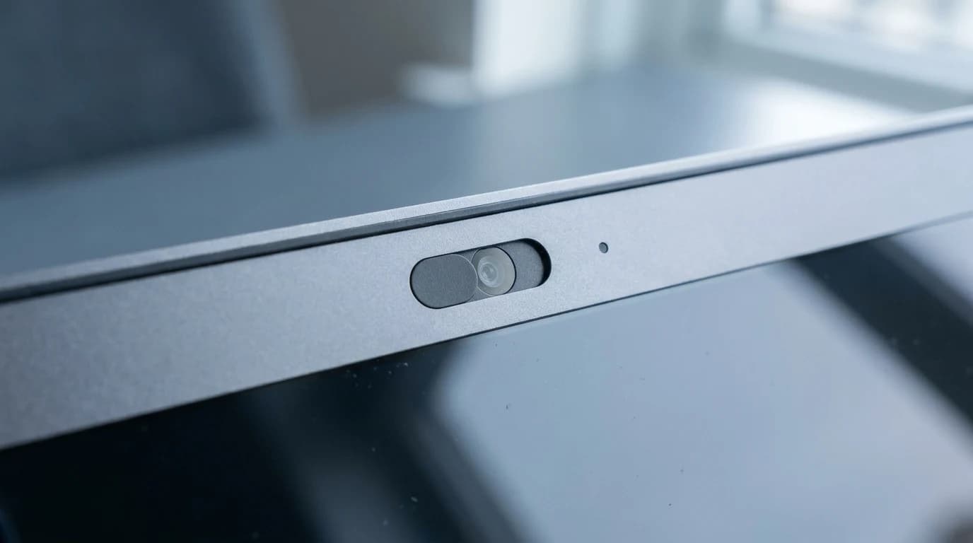 A laptop screen bezel photographed close up, showing the camera lens with a small sliding privacy shutter partly closed next to the indicator light.