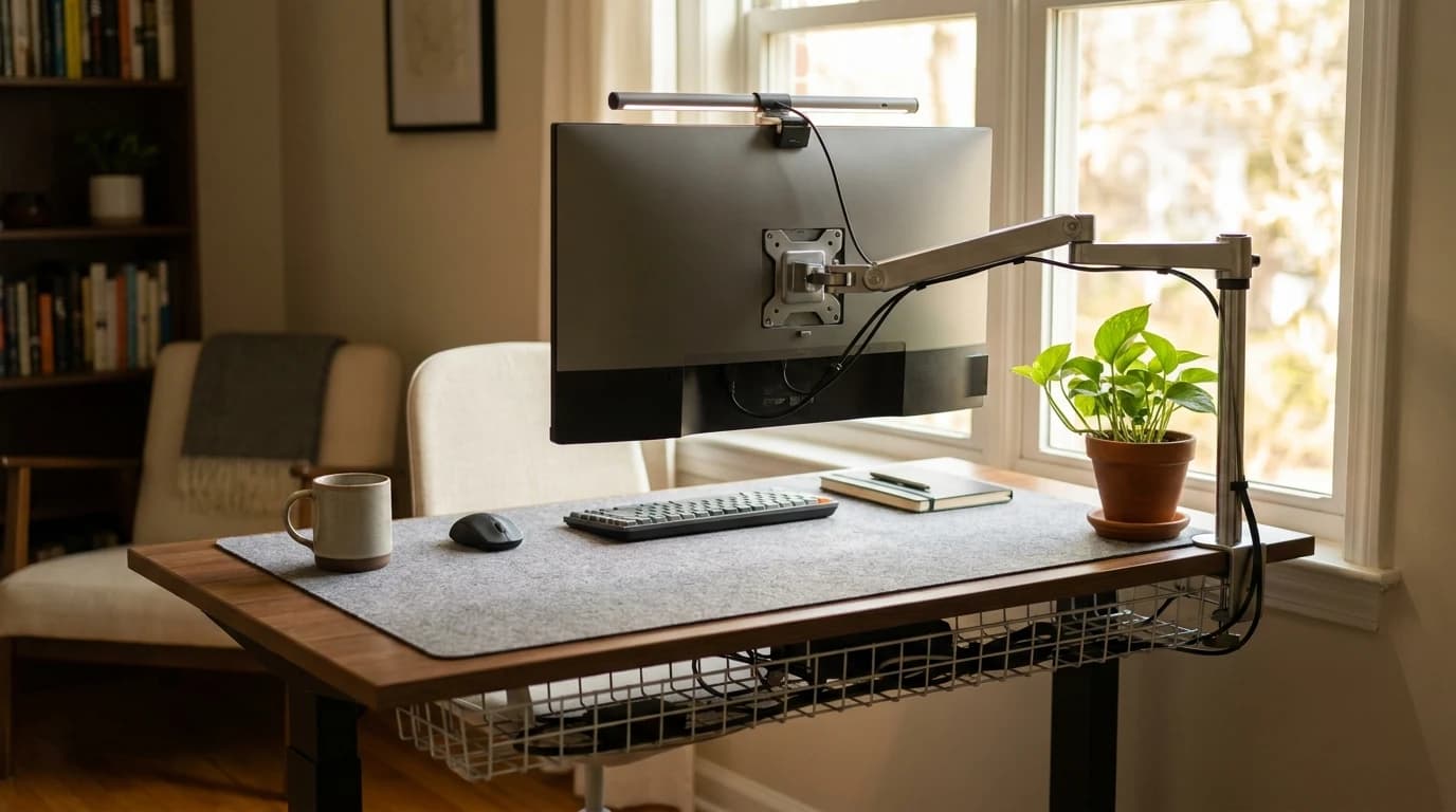 A tidy home-office desk with a monitor on an arm at eye level, a light bar across the top of the screen, a large desk mat, a small potted plant and a cable tray under the desk edge.