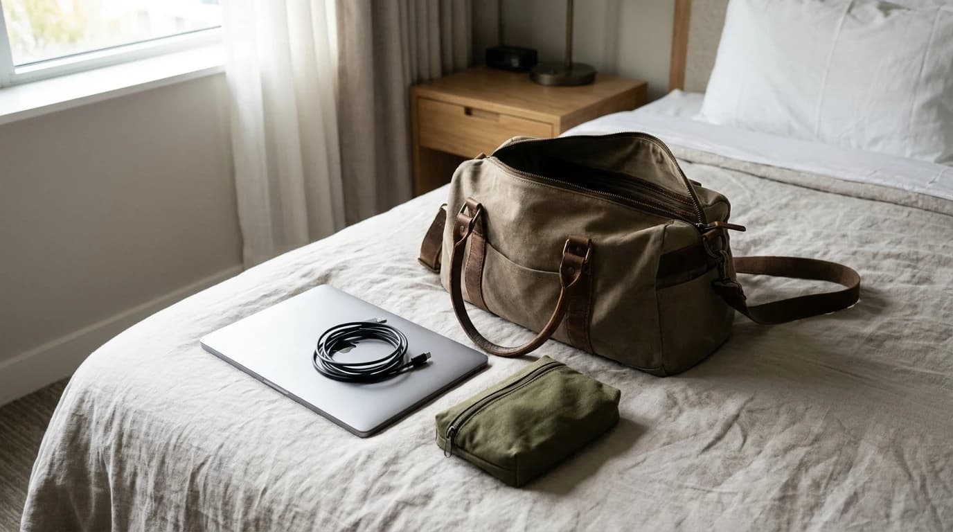 A packed open carry-on bag on a hotel bed with a laptop, charger and a tech pouch arranged beside it.